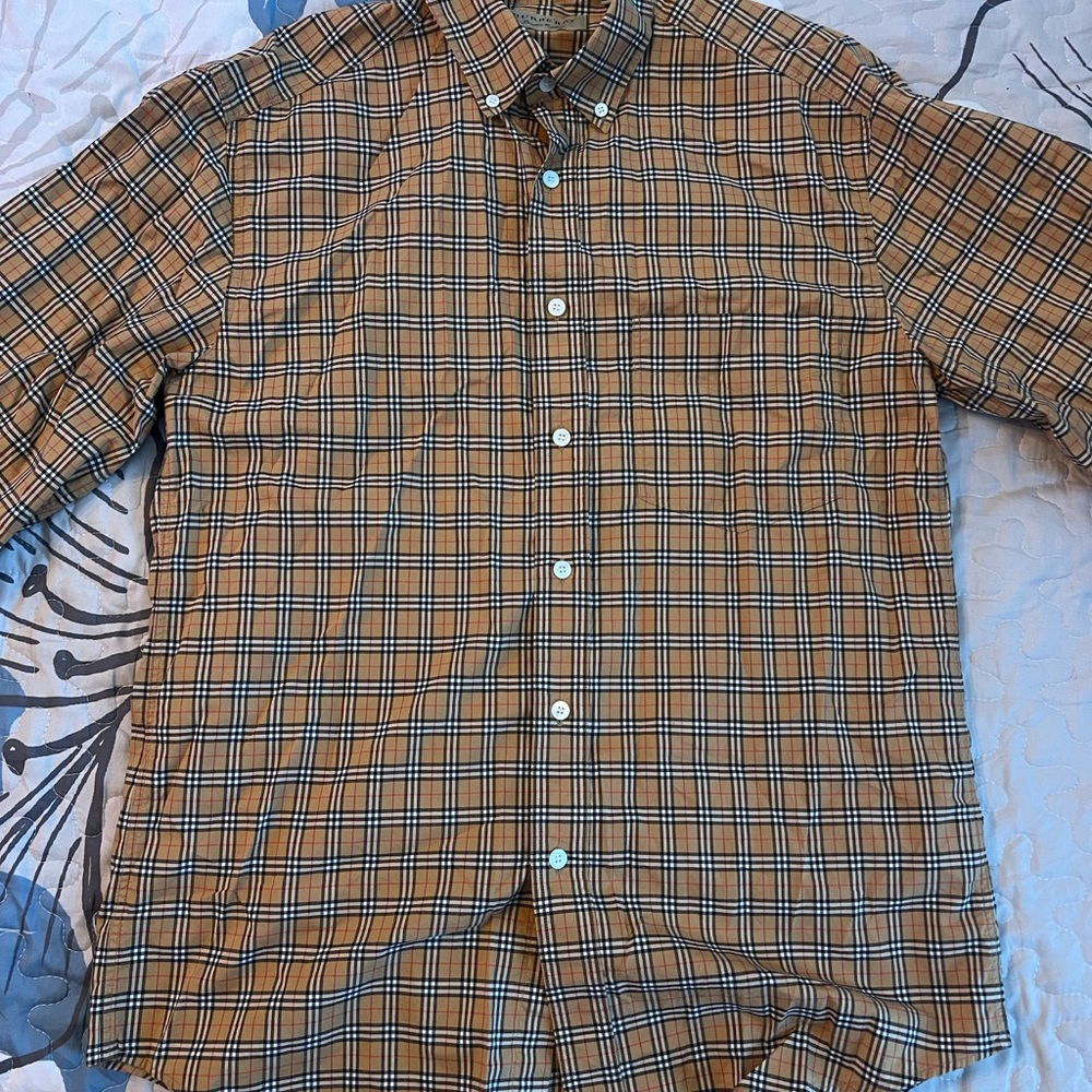 Burberry Tan and Black Plaid Button-Down Shirt